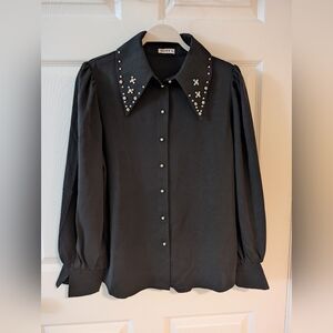 Elegant Black Blouse with Studded Collar